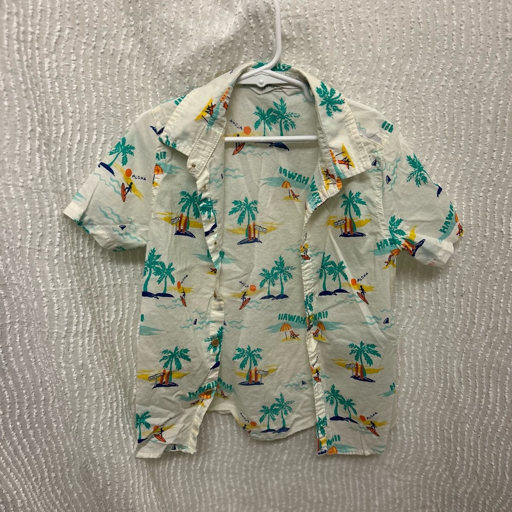 Kids Hawaiian Shirt H&M size 6X Unisex Boys Girls White Button Down Hawaii